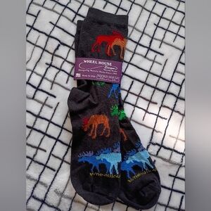 Wheel House Grey Vintage Men's Black Moose Pattern Socks Size 9-11